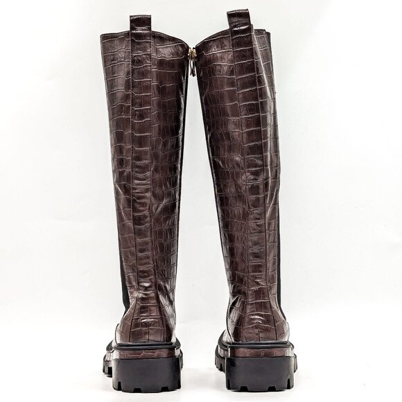 Torgeis NY Women Brown Croc Vegan Leather Stretch Elastic Panel Knee Boots sz 6. - Picture 4 of 11